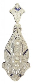 ANTIQUE DIAMOND PENDANT IN PLATINUM FILIGREE, APPX 4.2 DWT SETTING W/ CHANNEL CUT SAPPHIRES, 2 1/4"