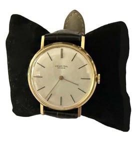 UNIVERSAL GENEVE 18KT WRIST WATCH LEATHER BAND 1 1/2" DIAM FACE