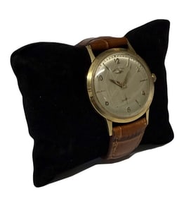 14KT GOLD HAMILTON WRIST WATCH ON LEATHER BAND 1 1/4" DIAM FACE