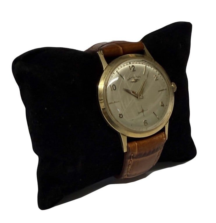 14KT GOLD HAMILTON WRIST WATCH ON LEATHER BAND 1 1/4" DIAM FACE (1 of 6)