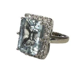AQUA MARINE & DIAMOND LADIES RING, IN 14KT WHITE GOLD,  APPROX. .60 DIAMONDS & 10+ CT AQUA MARINE