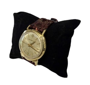 VINTAGE BULOVA  ACCUTRON WRIST WATCH 14KT GOLD, LEATHER BAND, 1 1/4" FACE SERIAL # 8A96723