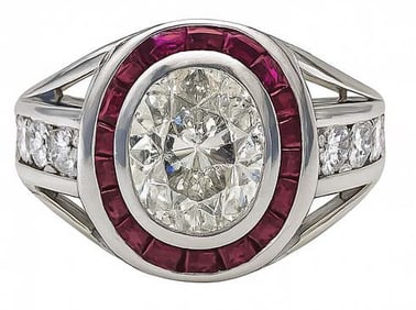 OVAL CUT DIAMOND SURROUNDED BY CHANNEL CUT RUBIES & 6 SM CUT DIAMONDS IN A PLATINUM SETTING APPROX.