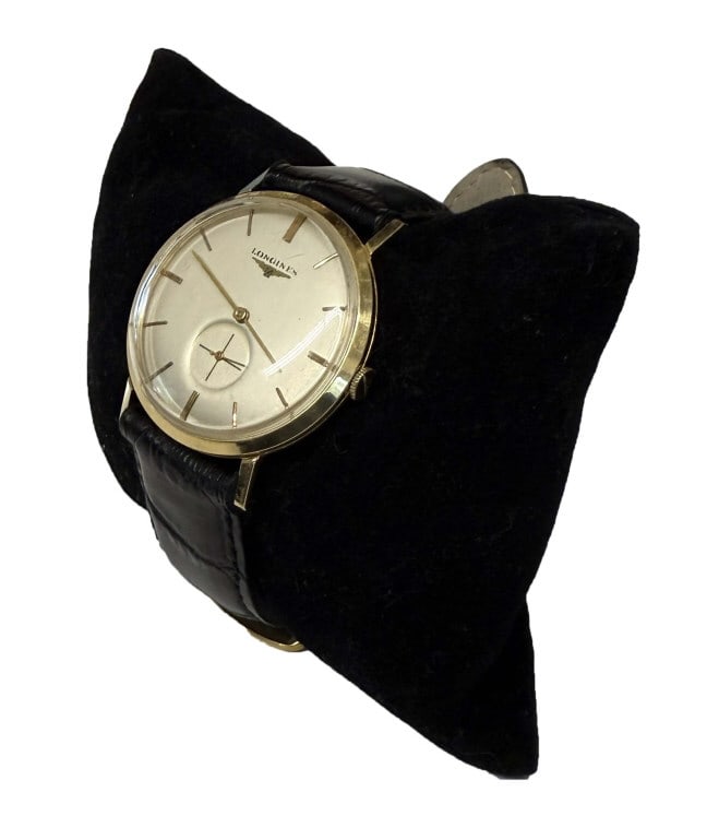 14KT GOLD LONGINES WRIST WATCH WITH LEATHER BAND 1 1/4" DIAM FACE (1 of 9)