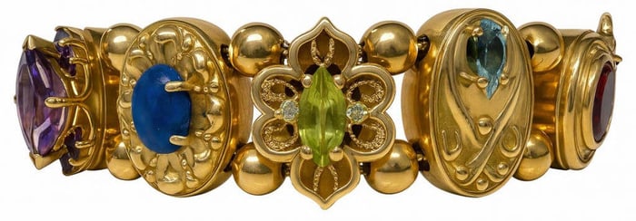 14KT GOLD BOOK CHAIN BRACELET WITH STICK PIN HEAD W/ SEMI PRECIOUS STONES 7 1/8" LONG, 1.78 TROY OZ
