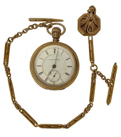 GOLD WATCH CHAIN & KEY & ILLINOIS CO. POCKET WATCH CHAIN APPROX. 40 DWT  2" DIAM WATCH
