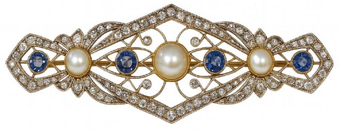 18KT GOLD BAR PIN W/ DIAMONDS, SAPPHIRES & PEARLS APPROX. 1.3 KT SAPH & 1.4 KT DIAM. APPROX. 8.4 DWT