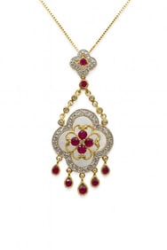 14KT GOLD, MOTHER OF PEARL, DIAMOND & RUBY PENDANT ON 18" GOLD CHAIN APPROX. .30CT DIAM & .40 RUBY