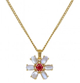 14KT GOLD MOONSTONE FLOWER W/ RED CENTER STONE ON 20" 14KT GOLD CHAIN  APPROX. 9 DWT  FLOWER 1" DIAM