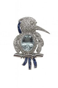 DIAMOND, SAPPHIRE & AQUAMARINE BIRD PIN, APPROX. 7.2 CT AQUAMARINE, 2" LONG APPROX. 9.8 DWT
