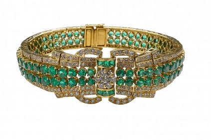 18KT YELLOW GOLD, EMERALD & DIAMOND BRACELET APPROX. 3.9 DIAM TCW, 16 TCW EMER. 7 3/4" LONG 29.0 DWT