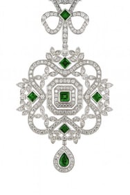 18KT WH. GOLD, DIAMOND & GREEN TOURMALINE PENDANT ON SILK ROPE, APPROX. 2.2 TCW DIAM & 2. TCW