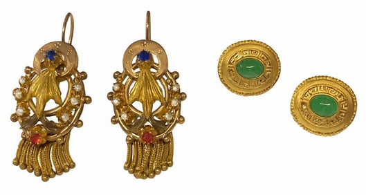 2 PR OF 14KT GOLD EARRINGS  1 W/ EMERALDS & 1 W/ SEED PEARLS & COLORED STONES BOTH APPROX. 11.0 DWT