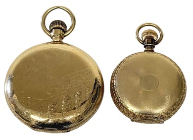 2- 14KT GOLD POCKET WATCHES, HAMPDEN WATCH CO. CASE WEIGHT 24 DWT & ELGIN CASE WEIGHT 10.5 DWT