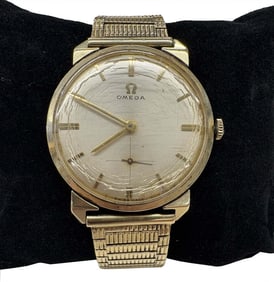 OMEGA  WRIST WATCH, 14KT GOLD BAND, WORKING ORDER FACE 1 1/2 DIAM, 45.5 DWT INC. WORKS