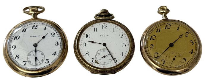 3- OPEN FACE 14KT GOLD POCKET WATCHES, ELGIN, HAMILTON & UNMARKED 15 JEWEL MOVEMENT  APPROX. 108.5