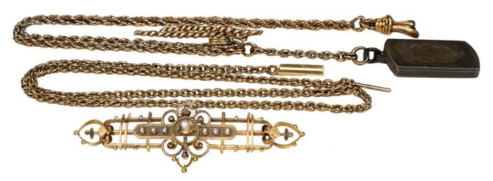 GOLD BAR PIN WITH SEED PEARLS & 2 WATCH CHAINS 1 GOLD FILLED.  APPROX.8.7 DWT 10 CARAT GOLD