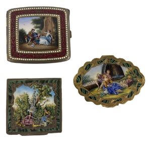 3 ENAMEL BOXES, CIGARETTE & POWDER  BOX SILVER W/ GOLD WASH  3" X 3" X 1/4" , 3 1/2" X 3 1/2" X 1/8"