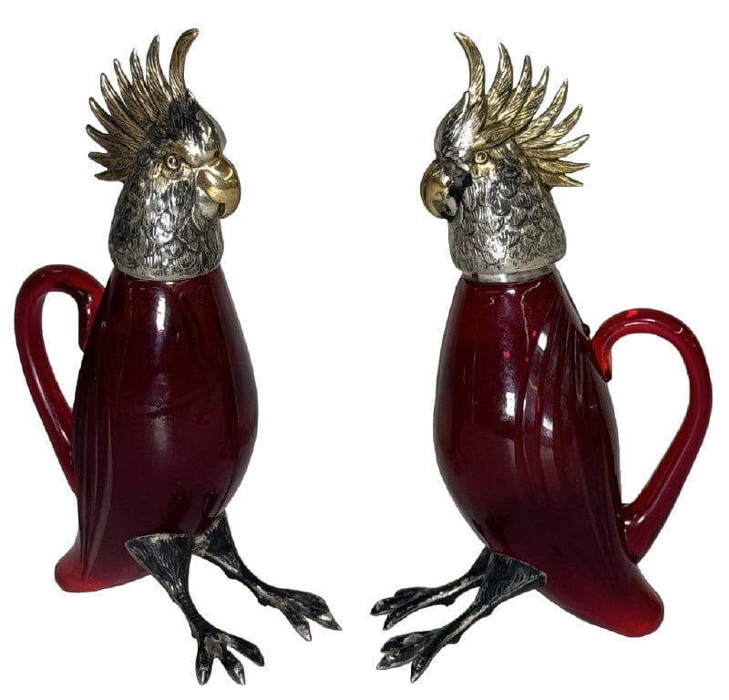 CHERRY AMBER & STERLING SILVER PARROTS BY CARTIER MADE IN SPAIN  6 1/4" TALL (1 of 7)