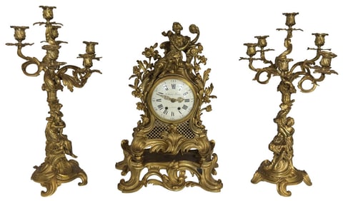 FRENCH BRONZE CLOCK  W/ PR OF 6 LIGHT CANDELABRA CLOCK 24" X 17 1/4" CANDELABRA 25 1/2" TALL