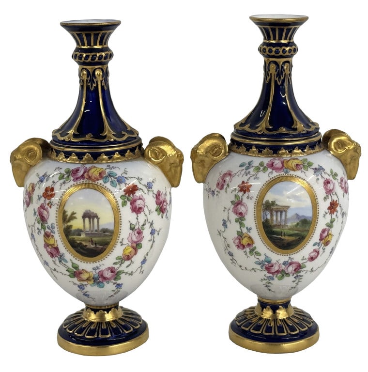 PAIR OF ROYAL WORCESTER VASES W/ CLASSICAL RUINS ARTIST SIGNED H. DAVIS  7 1/4" TALL (1 of 13)