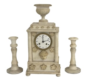 WHITE MARBLE CLOCK & CANDLESTICKS, OLD LIP REPAIR ON URN,  CLOCK 15 1/2" X 8"