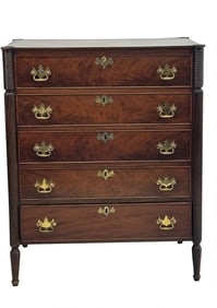 DIMINUTIVE 5 DRAWER CHEST W/ COOKIE CORNERS TURNED LEGS 34" X 28" X 18"