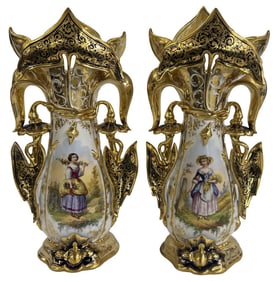 PR OF OLD PARIS GILDED & HAND PAINTED FAN VASES 19" X 9"