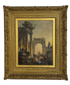19THC. GRAND TOUR OIL / CANVAS ROMAN FORUM LANDSCAPE, SGND & DATED DE MACHIN, DATED 1773 ?? 17" X 13