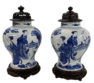 PR OF BLUE & WHITE ANTIQUE CHINESE GINGER JARS WITH STANDS AND TOPS JARS 10 1/2" W/ STANDS & TOPS
