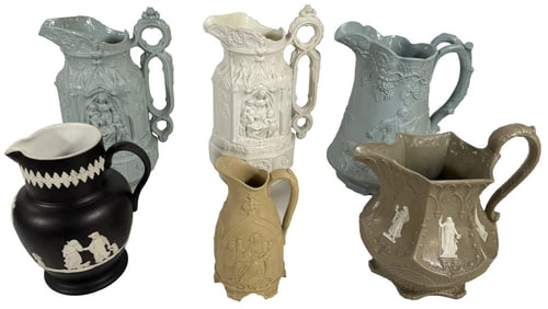 6- 19THC. ENGLISH PITCHERS, 2 MARKED WEDGWOOD, 1 T & R BOOTE