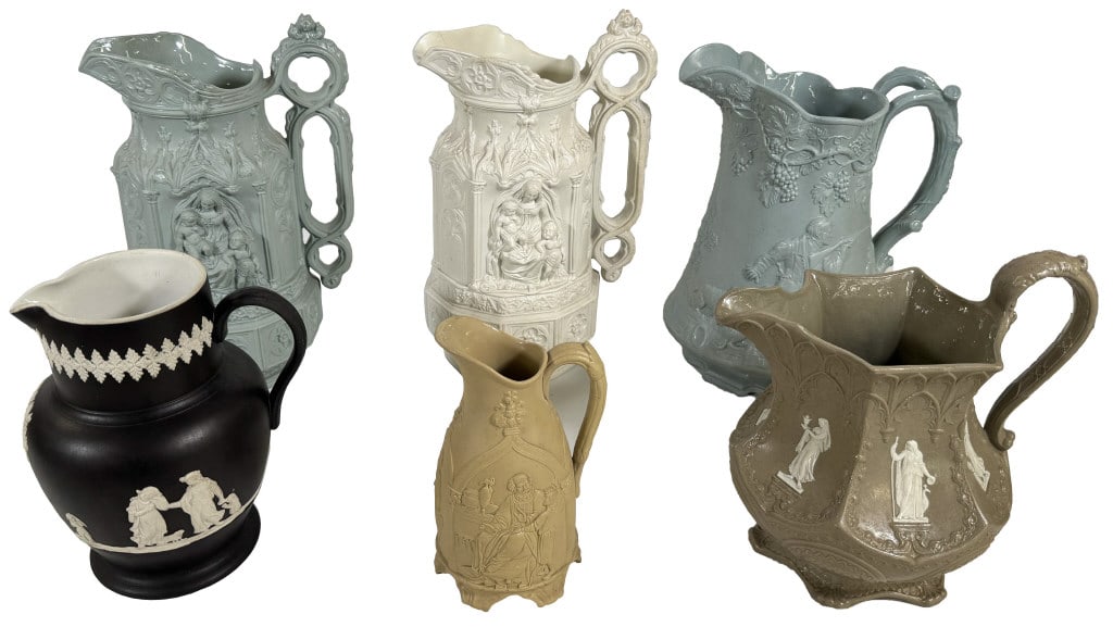 6- 19THC. ENGLISH PITCHERS, 2 MARKED WEDGWOOD, 1 T & R BOOTE (1 of 13)