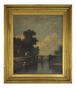 O/C SIGNED E. C. COATES, LONG ISLAND BRIDGE SCENE (EDMUND C. COATES 1816 - 1871) 30" X 25"