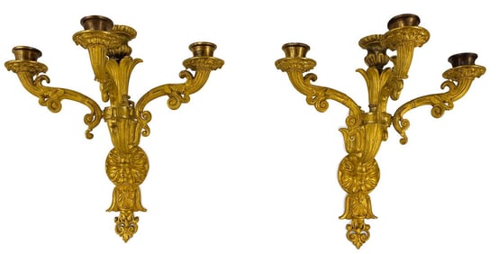 PAIR OF FIRE GILDED BRONZE 4 LIGHT CANDLES SCONCES 11 3/4" X 9 3/4"