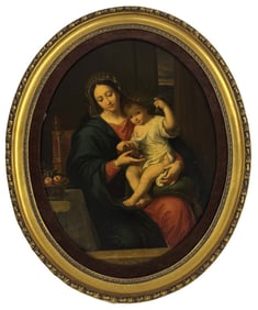 OIL / CANVAS MOTHER & CHILD IN AN INTERIOR SETTING UNSIGNED 14 1/2" X 18 1/2" OVAL