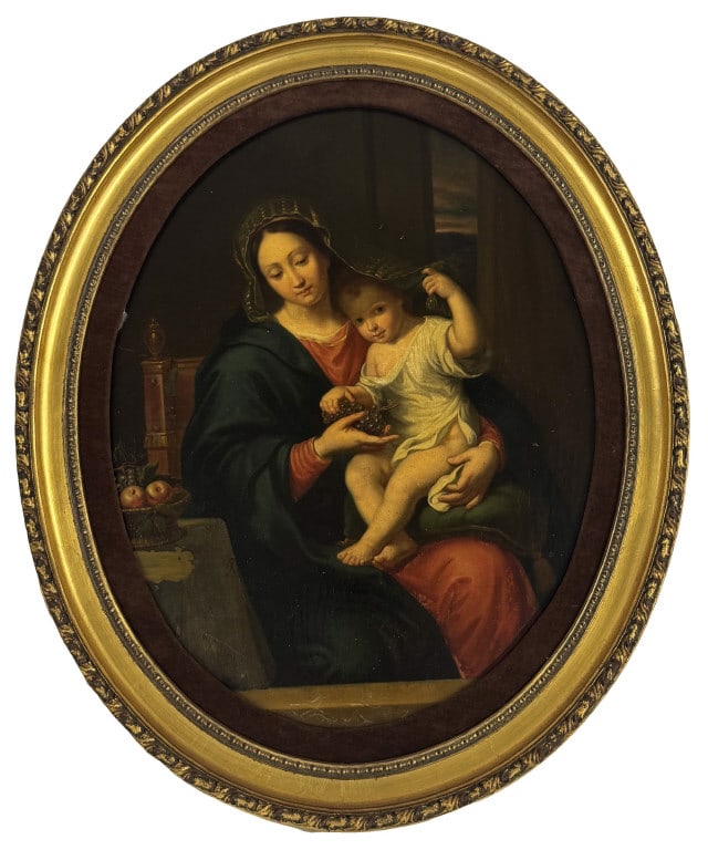 OIL / CANVAS MOTHER & CHILD IN AN INTERIOR SETTING UNSIGNED 14 1/2" X 18 1/2" OVAL (1 of 3)
