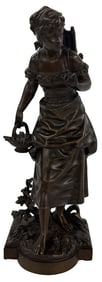 BRONZE "PEASANT GIRL" SIGNED BOURET, 15 1/2" TALL