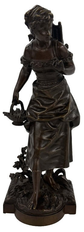 BRONZE "PEASANT GIRL" SIGNED BOURET, 15 1/2" TALL: BRONZE "PEASANT GIRL" SIGNED BOURET, 15 1/2" TALL