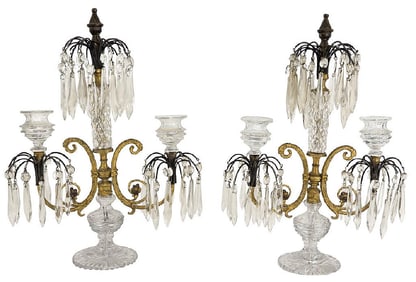 PR OF REGENCY CRYSTAL DOUBLE BRANCH CANDLESTICKS SOME DAMAGE 17 1/2" X 13"