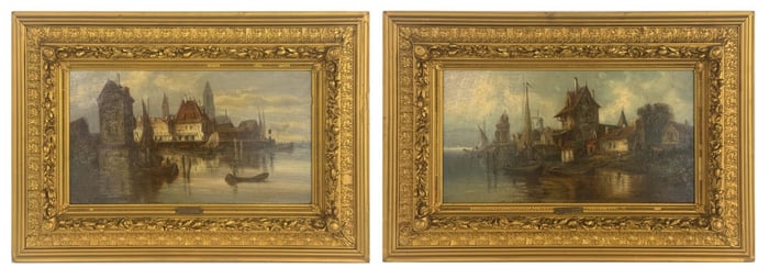 PR OIL / PANEL LUDWIG VAN HOOM,DUTCH HARBOR SCENES (1812 - 1881)  10 3/4" X 18 1/2" EACH