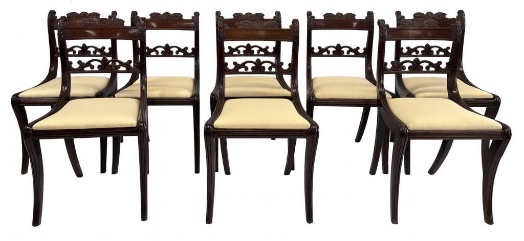 SET OF 8 FEDERAL CHAIRS, ATTRIB. TO DUNCAN PHYFE SABER LEG, CARVED SPLATS, SEARS FAMILY, ORANGE CO.: SET OF 8 FEDERAL CHAIRS, ATTRIB. TO DUNCAN PHYFE SABER LEG, CARVED SPLATS, SEARS FAMILY, ORANGE CO. NY PROV. 32" X 17 1/2" X 20"