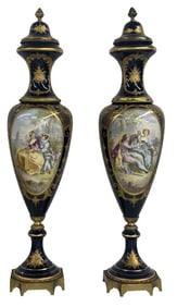 PR OF 19THC. HAND PAINTED FRENCH PORCELAIN URNS W/ LIDS ARTIST R. COULON 22 1/2"  TALL