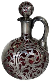 CASED RUBY GLASS CRUET BOTTLE W/ SILVER OVERLAY 9 1/4" TALL