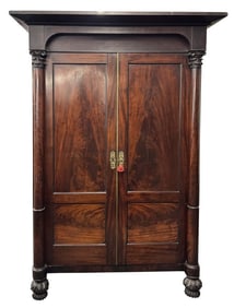 MEEKS C.1825, NEW YORK MAHOGANY ARMOIRE ORIG BRASS 4 DRAWER INTERIOR 87" X 63 1/4" CORNICE X 27 1/4"