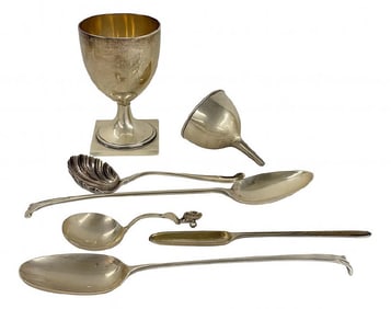 PERIOD STERL SILVER, WINE FUNNEL, FOOTED GOBLET, MARROW SPOON, CADDY SPOON & 2 SERVING SPOONS,  19.6