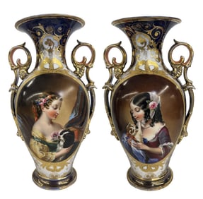 OLD PARIS PORCELAIN PORTRAIT VASES, 14 7/8" TALL BACK BASE RIM FLAKE