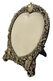 HEART SHAPED DRESSER MIRROR, HALLMARKED SILV FRAME BEVELED GLASS  12" X 9 1/4"