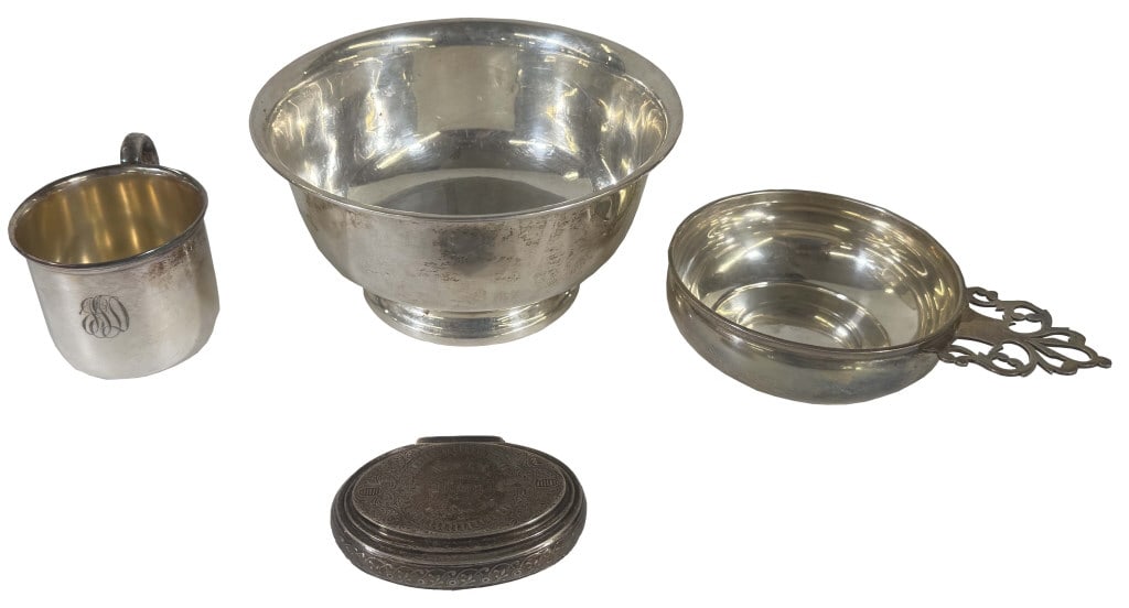 STERL. SILVER REVERE STYLE BOWL PORRINGER, CHILDS CUP & SNUFF BOX APPROX. 17.4 TROY OZ: STERL. SILVER REVERE STYLE BOWL PORRINGER, CHILDS CUP & SNUFF BOX APPROX. 17.4 TROY OZ
