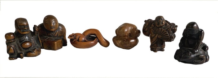 6 CARVED 19THC. WOODEN NETSUKES