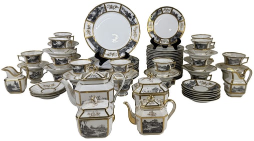 FINE SET OF LIMOGES TRANSFERWARE INC TEA SETS, (SMALL & LARGE) 9 DINNER PLATES, 18 SMALL PLATES, 6